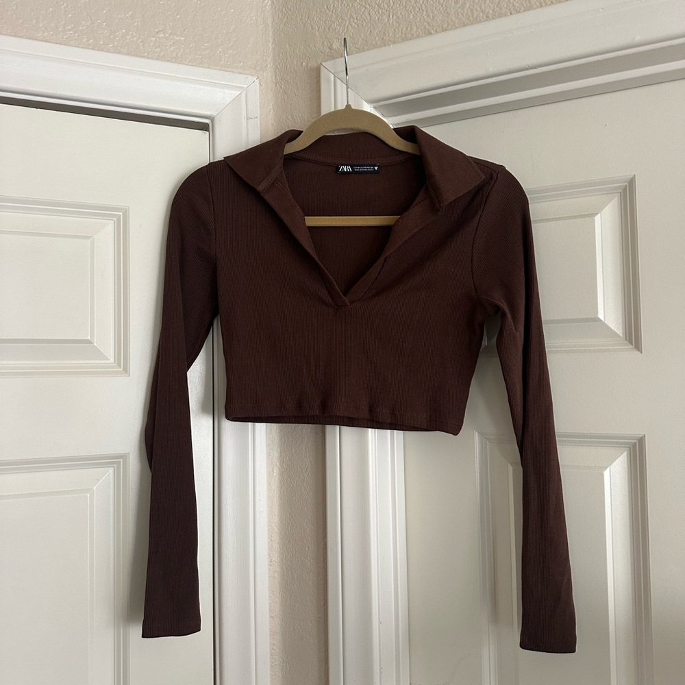 Zara Brown Polo Collar Fitted Crop Blouse